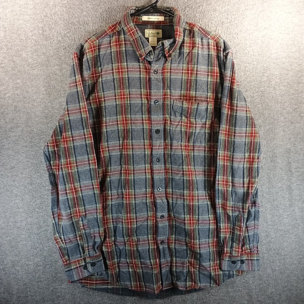 LL Bean Scotch Plaid Flannel Shirt Men‎ LT Grey Stewart Shirttail Hem Pocket